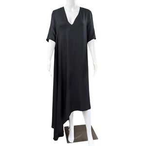 Simply Mila Black Asymmetrical V-Neck Midi Dress Short Sleeve Viscose Small USA
